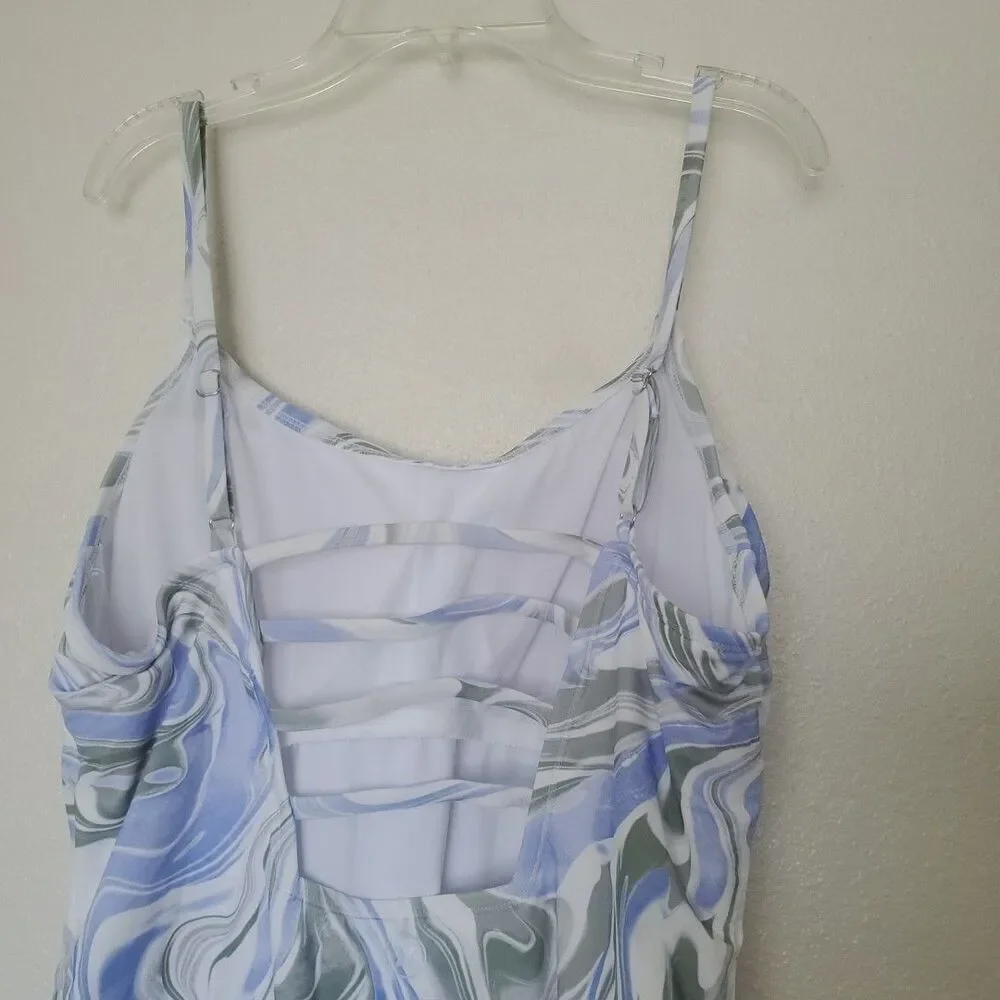 Hurley Womens XXL Marble Swirl One Piece Swimsuit Blue White Strappy Back XXL